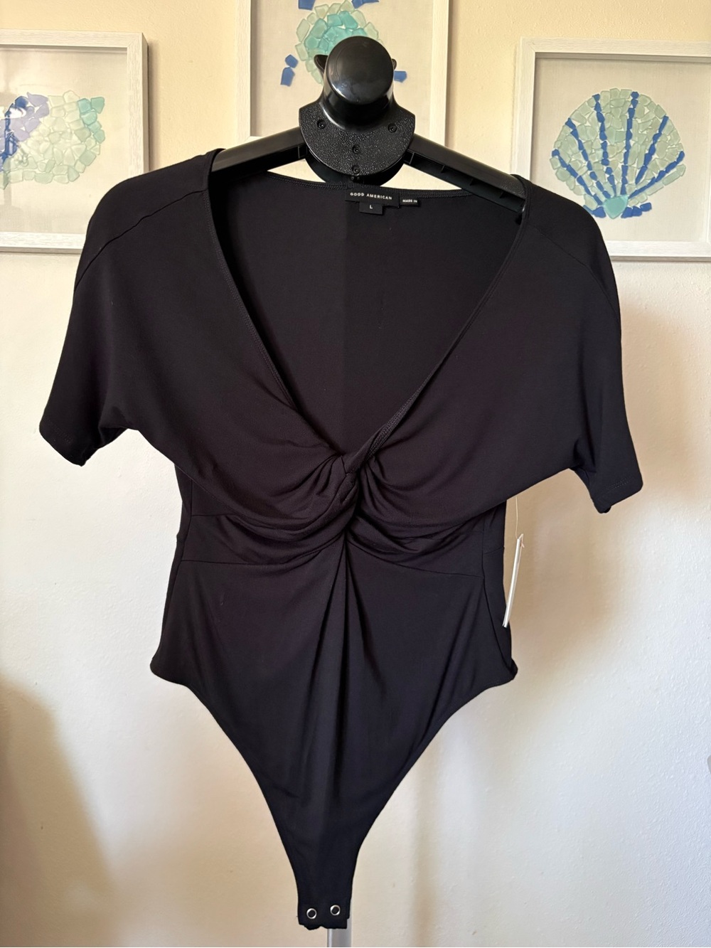 Good American Black Twist-Knot V-Neck Bodysuit